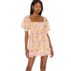 FOR LOVE & LEMONS Claire Puff Sleeve Eyelet Floral Mini Dress Pink Yellow Small